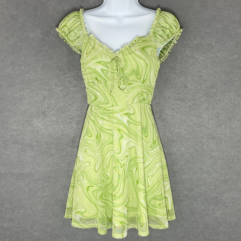 Inspired Hearts Mini‎ Dress S Green Babydoll Swirl Print Fairy Sweetheart Neck